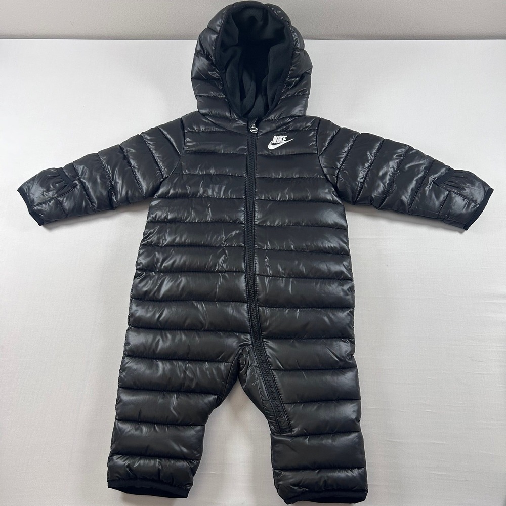 Nike Puffer Snowsuit Baby 9M Black Hooded Fleece Lined Bunting Winter One Piece